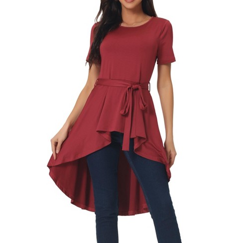 Seta T Women's Round Neck Tie Waist Asymmetrical Irregular Hem Short Sleeve  High Low Hem Tops Wine Red Large : Target