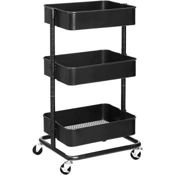 SONGMICS 3-Tier Metal Rolling Cart, Utility Cart, Kitchen Cart with Adjustable Shelves, Easy Assembly, for Kitchen, Office, Bathroom, Black