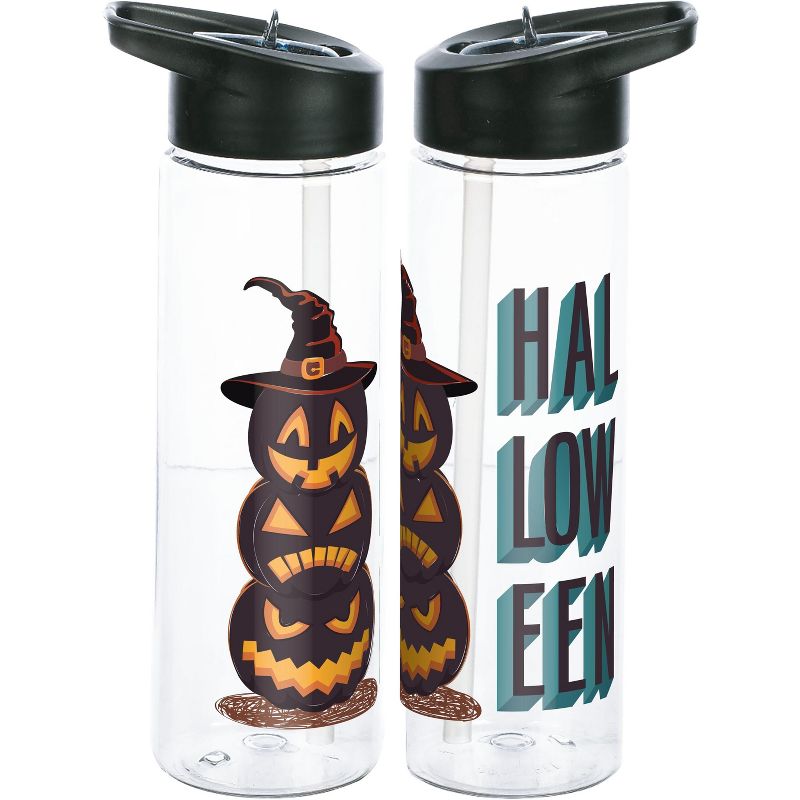 Happy Halloween Stacked Jack O Lantern Pumpkins 24 Oz Single Wall Plastic Water Bottle, 1 of 2
