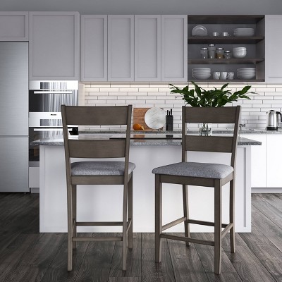 Set of 2 Gray Upholstered Wood Counter Height Side Chairs