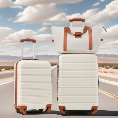 FURNIinspire Bag And Luggage Sets Hardshell Luggage Sets 2 Spinner Suitcases With TSA Lock And 1 Bag, Family Friendly, White And Brown, 20" 24"