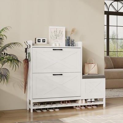 Shoe Cabinet with 2 Flip Drawers, Hidden Wood Narrow Shoe Cabinet with Shoe Bench & 2 Hooks for Entryway Hallway, Living Room