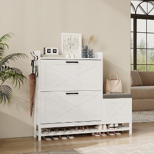 Shoe Cabinet with 2 Flip Drawers, Hidden Wood Narrow Shoe Cabinet with Shoe Bench & 2 Hooks for Entryway Hallway, Living Room - 1 of 4