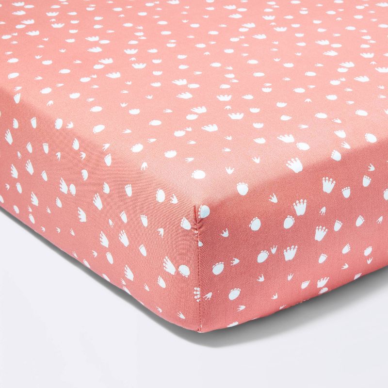 Fitted Crib Sheet Dino-snore Footprint - Coral Red - Cloud Island&#8482;, 1 of 6