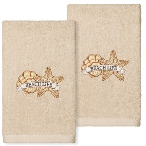 Linum Home Textiles BEACH LIFE - Embroidered Luxury 100% Turkish Cotton Hand Towels (Set of 2) - 1 of 3