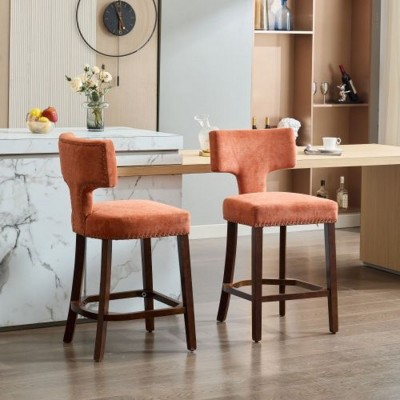 Rustic Linen Counter High Chairs with Back,Mid Century Chair,Upholstered Armless Chair for Compact Dining Area or Living Room-Maison Boucle