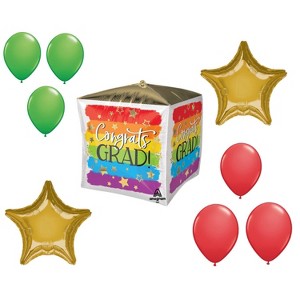 LOONBALLOON Graduation Grad Theme Balloon Set, 15 Inch Cube Grad Painted Rainbow Balloon, Star Foil and 6x Latex Balloons - 1 of 1