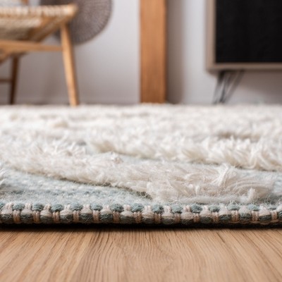Ivory and Aqua Hand-Knotted Wool Rectangle Rug with Fringe