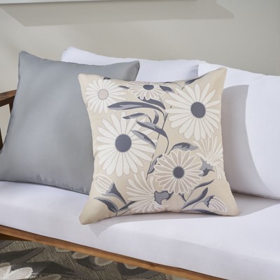 Beige and Gray Floral 20" x 20" Indoor Outdoor Throw Pillow