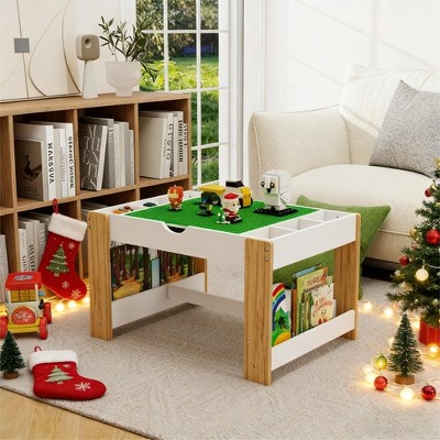 LOVSON Kids 2 in 1 Play Table with 7 Storage Compartments,Compatible with LEGO Building Block,Modern Activity Learning Table Game Furniture-White