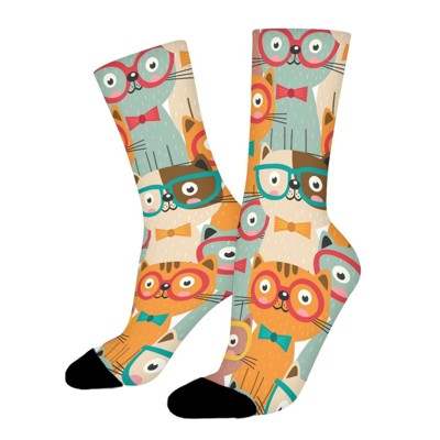 Cute Cats With Glasses Women Printed Crew Socks Funny Funky Socks Soft Polyester Novelty Gifts for Artists Men