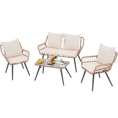 4-Piece All-Weather PE Rattan Sectional Set - Ergonomic Design w/Glass Coffee Table for Patio/Garden/Poolside