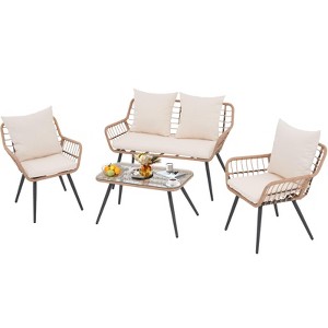 4-Piece All-Weather PE Rattan Sectional Set - Ergonomic Design w/Glass Coffee Table for Patio/Garden/Poolside - 1 of 4