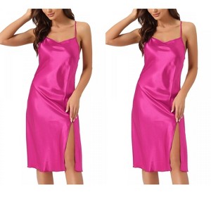 INSPIRE CHIC Womens 2 Pack Satin Nightdress Slit Nightgown Sleeveless Backless Silky Midi Sleepwear - 1 of 4