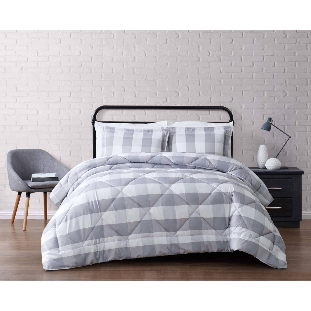 Photos - Duvet Truly Soft Everyday Twin Extra Long Buffalo Plaid Comforter Set Gray/White