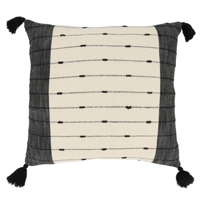 Black and White Cotton Striped Throw Pillow with Tassels