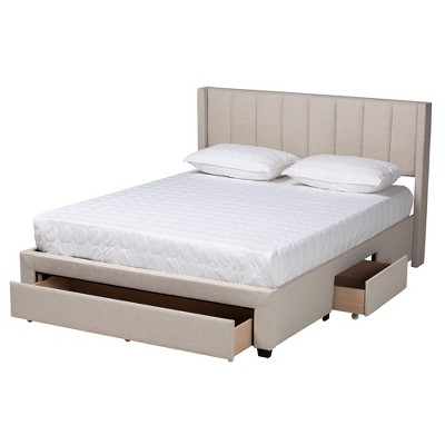 Beige Upholstered Full Wingback Bed with 3 Storage Drawers