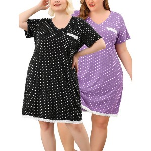 Agnes Orinda Women's Plus Size V Neck Short Sleeve Polka Dots Nightgowns - 1 of 4
