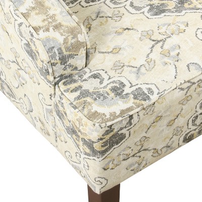 Geometric Patterned Off-White Swoop Arm Accent Chair with Wood Legs