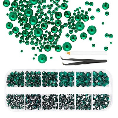 Bright Creations 2880 Piece Acrylic Nail Art Kit with Green Rhinestone Gems, Dotting Pen, Tweezers