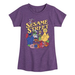 Girls' - Sesame Street - SS Group Flowers Fitted Short Sleeve Graphic T-Shirt - 1 of 4