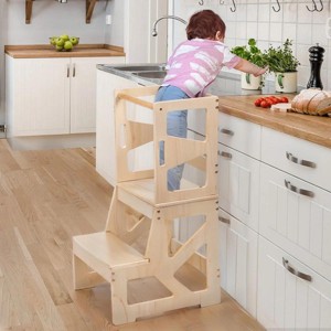 GOTGELIF Toddler Standing Tower Step Stool, Durable Montessori Climbing Ladder with Safety Rail Wooden - 1 of 4