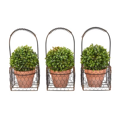 Faux Boxwood- 3 Matching Realistic 9.5" Tall Topiary Arrangements in Decorative Metal Baskets for Indoor Home or Office by Hastings Home (Set of 3)