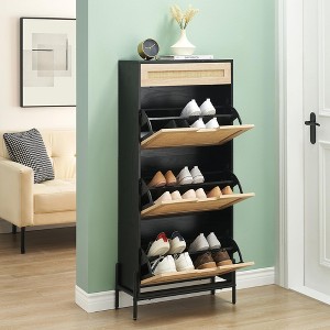 Rattan Storage Cabinet - 3 Flip Doors & 1 Drawer, Adjustable Shelves, Anti-Tip Safety, Elegant Oak Finish, Ample Shoe Storage for Entryway - 1 of 4