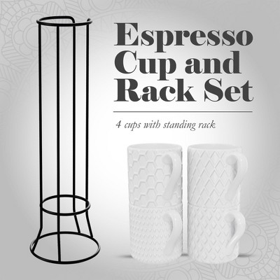 Embossed White Ceramic Mini Espresso Cups with Metal Stand, Set of 4