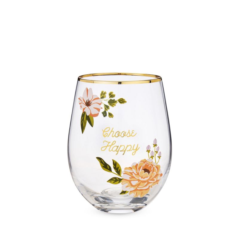 Twine Choose Happy Stemless Wine Glass, Perfect for Red or White Wine, Floral Glassware Gift with Gold Rim, 16 Oz, Set of 1, 1 of 3
