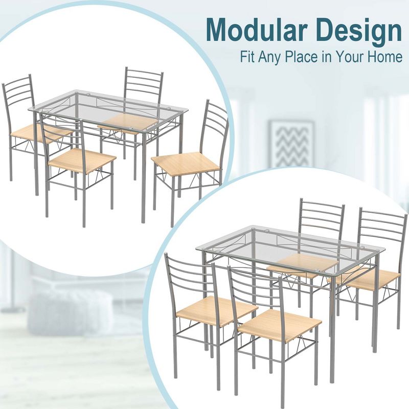 Costway 5 Piece Dining Set Table and 4 Chairs Glass Top Kitchen Breakfast Furniture Brown, 5 of 11