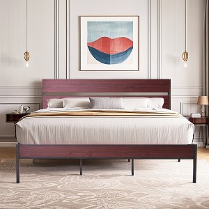 VECELO Queen/King Size Bed Frame with Wooden Headboard, Metal Bed Platform No Box Spring Needed with Heavy Duty Steel Slat, Brown - 1 of 4