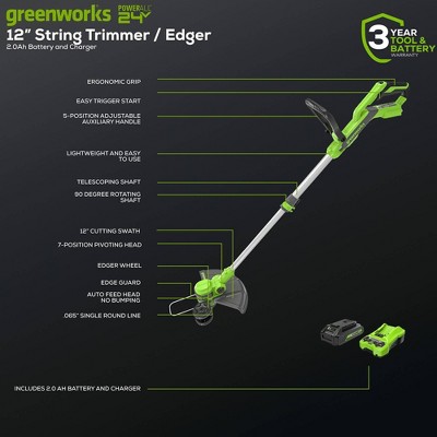 Greenworks POWERALL 12&#34; 24V Cordless String Trimmer Edger Kit with 2.0Ah Battery &#38; Charger_8