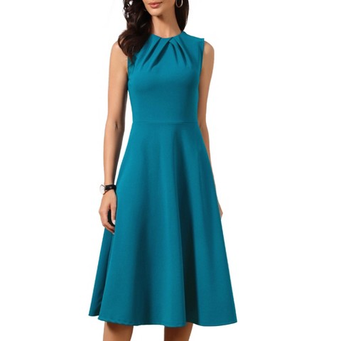 Женские платья INSPIRE CHIC Women's Crew Neck Sleeveless Work Elegant Party Cocktail Pleated A-Line Midi Dresses Peacock Blue Small