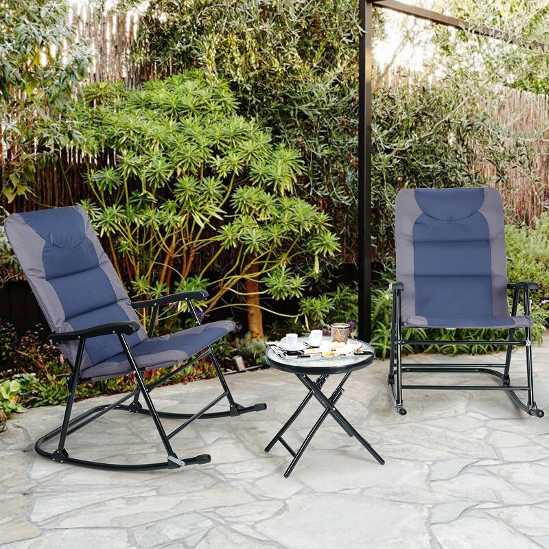 Costway 3PCS Folding Bistro Set Rocking Chair Cushioned Table Garden Blue, 5 of 11