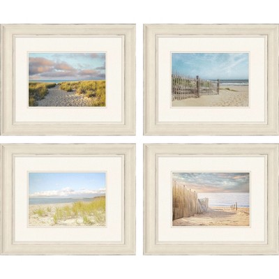 HomeRoots Set Of Four Sandy Beach Photography Distressed Ivory Framed Wall Art