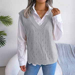 Women's Hollow Out V Neck Knitted Sweater Vest Fall Summer Sleeveless Loose Shirt Top Solid Color Blouse Gray M - 1 of 4