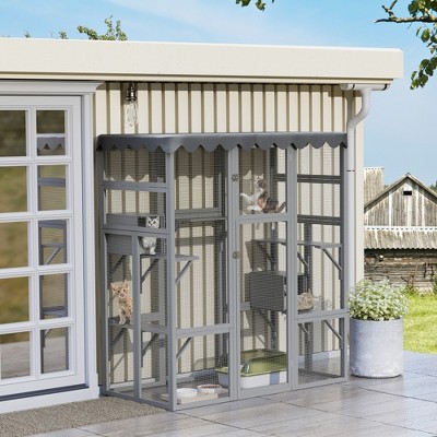 FURNIinspire Outdoor Cat House,Wooden Feral Cat Shelter Enclosure with 6 High Ledges, 61.6"*31.8"*70"