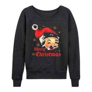 Women's - Instant Message - Merry Christmas Vintage Santa White Tee Lightweight French Terry Wide Neck Long Sleeve Shirt - 1 of 4