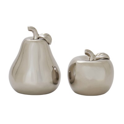 Set of 2 Modern Chic Dolomite Apple and Pear Sculpture Silver - Olivia & May