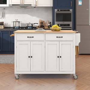 PexFix 54.3 Inch Kitchen Island Cart with Solid Wood Top and Locking Wheels 4 Door Cabinet and Two Drawers & Spice Rack & Towel Rack White - 1 of 4