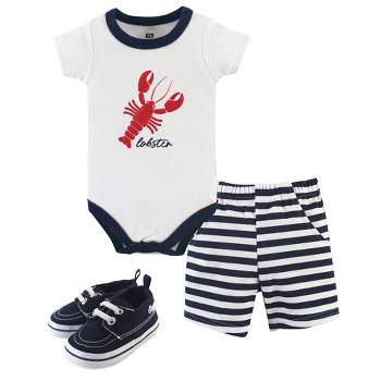 Hudson Baby Infant Boy Cotton Bodysuit, Shorts and Shoe 3pc Set, Lobster