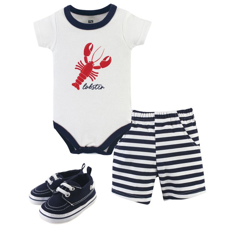Hudson Baby Infant Boy Cotton Bodysuit, Shorts and Shoe 3pc Set, Lobster, 1 of 3