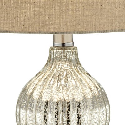 Set of Two 25" Silver Mercury Glass Table Lamps with Beige Drum Shade