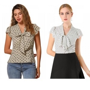 INSPIRE CHIC Women's Polka Dots Tie V Neck Flutter Cap Sleeve Blouse 2 Packs - 1 of 4