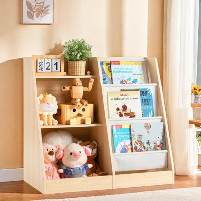 FONTOI Kids Bookshelf, Wooden Book Shelf for Kids Rooms, 3 Tier Sling Bookcase with Side Pocket Toy Storage Organizer, Brown, 32.3"x 15.7" x 29.5"