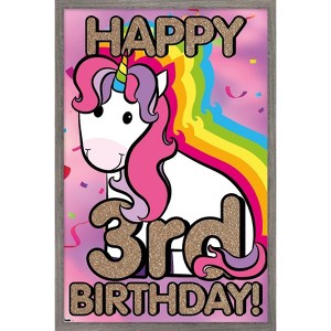 Trends International Ellie Ripberger Unicorn - Happy 3rd Birthday Framed Wall Poster Prints - 1 of 4