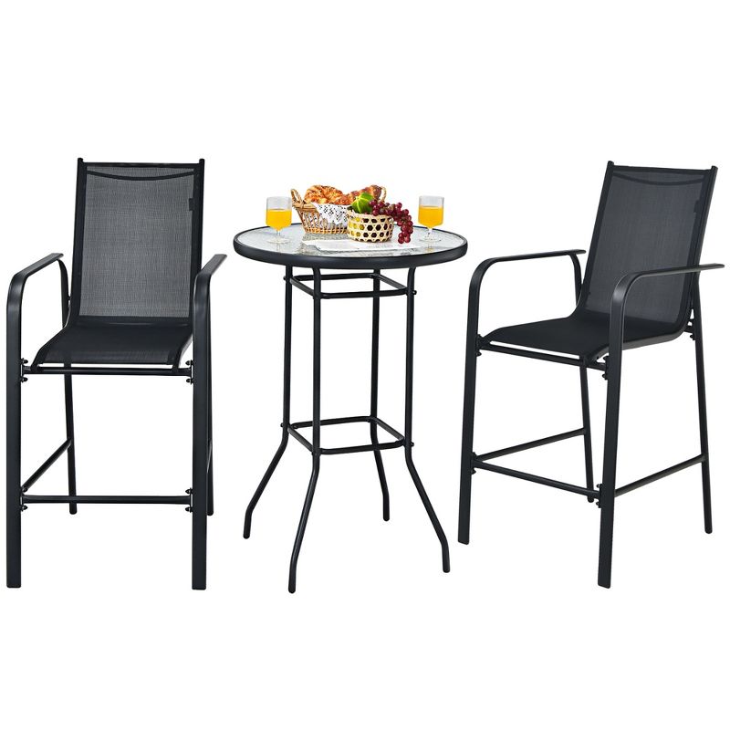 Costway 3 PCS Outdoor Patio Bar Table Stool Set Height Tempered Glass Top, 5 of 11