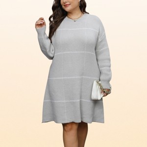 plus size grey sweater dress EadianDree Womens Long Sleeve Knit Knee Length Crew Neck Plaid Loose Fit Casual Sweaterdresses,Gray Felix