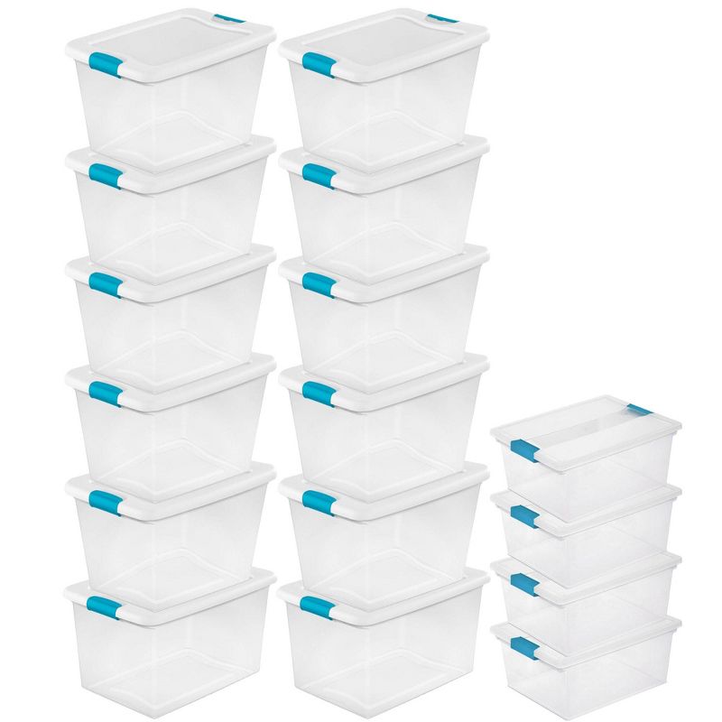 Sterilite 64 Quart Large Latching Stackable Clear Plastic Storage Tote Box, 12 Pack & Deep Clip Container Bins for Organization and Storage, 4 Pack, 1 of 7